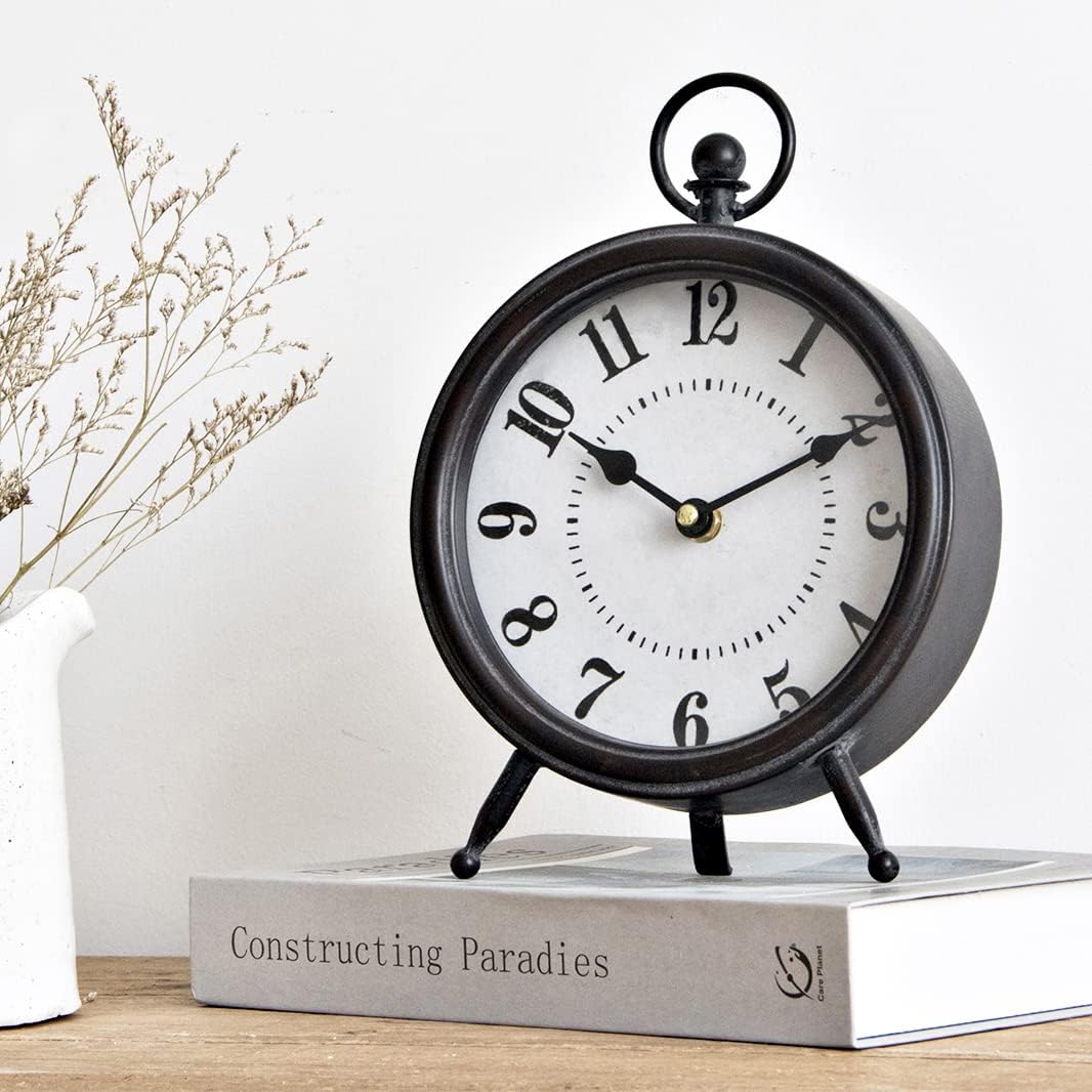 Aldernest Vintage Black Table Clock on Stand, Decorative Desk and Shelf Clock, 16 ounces, 10.3"H