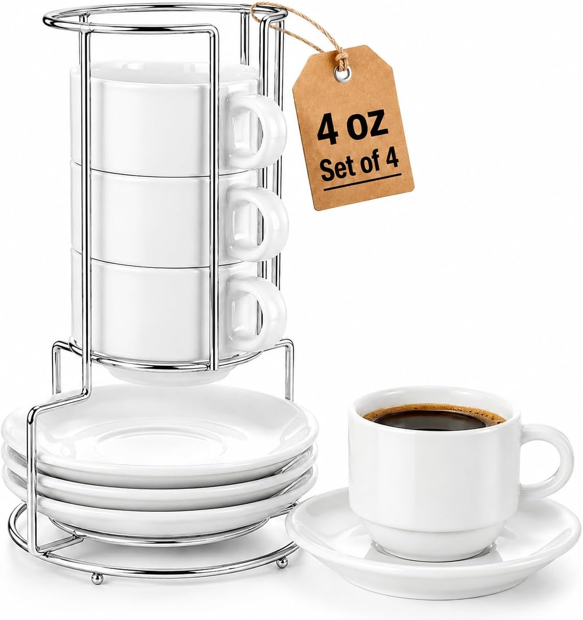 Ashenby 4 oz Espresso Cups Set of 4 with Saucers and Metal Stand, 2.9 pounds, Silver Stand