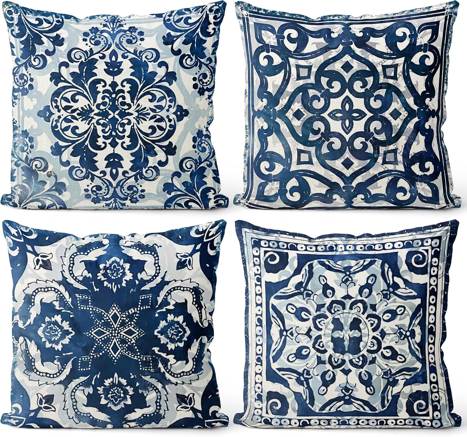 VelloHome Vintage Blue and White Throw Pillow Covers 18x18 Set of 4