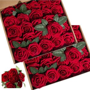 Aldernest Red Artificial Flower Silk Rose 50pcs Fake Rose with Stems Leaves for Home Decoration Party Garden Centerpieces DIY Wedding Bouquets