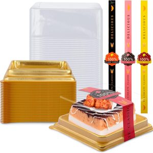 Birchmont 50 Pcs 3.5 Inch Mini Cake Box, Clear Plastic Cupcake Container for Muffins, 3.5x3.5x1.6", Gold