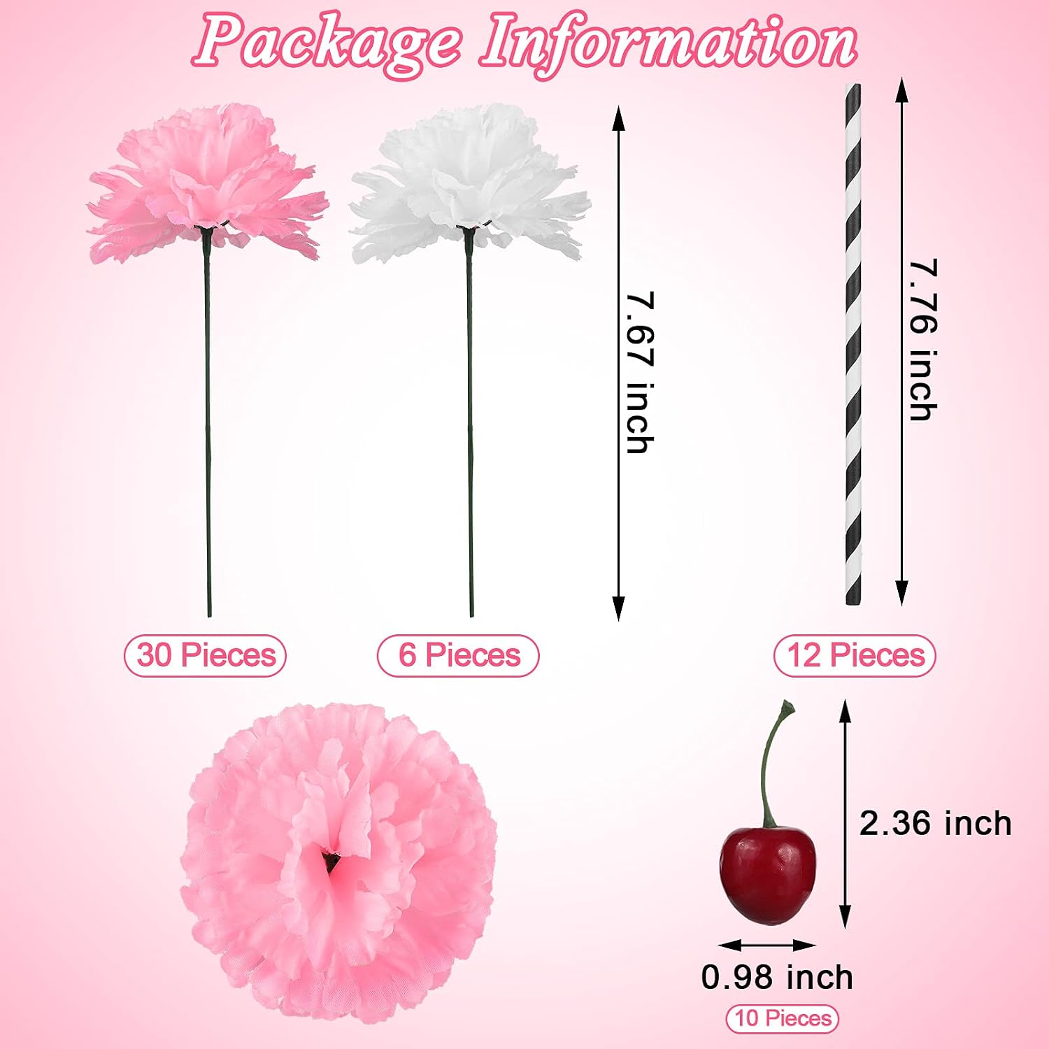Ashenby 6 Sets Pink Carnations Artificial Flowers 50's Party Decorations, 8.48 ounces, White, Pink, 58 Count