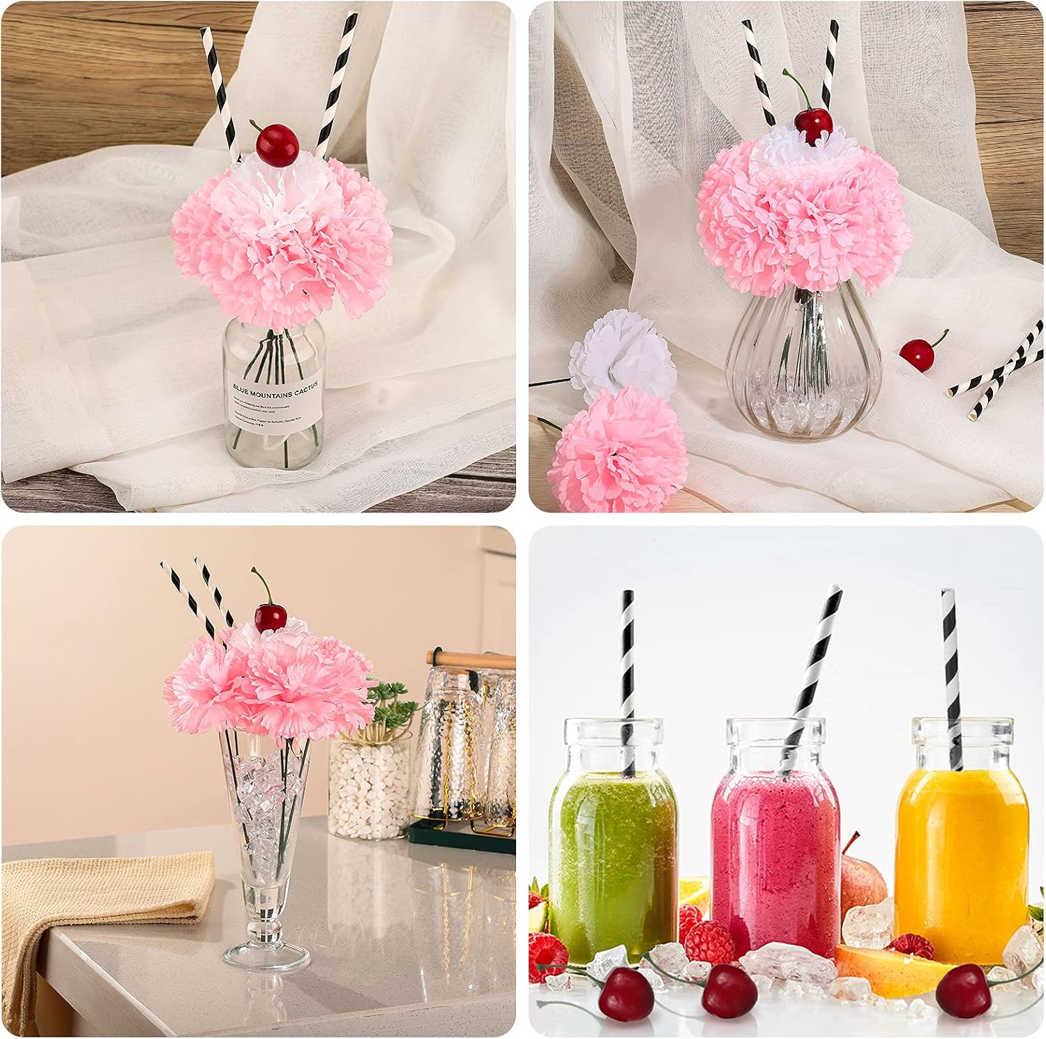 Ashenby 6 Sets Pink Carnations Artificial Flowers 50's Party Decorations, 8.48 ounces, White, Pink, 58 Count