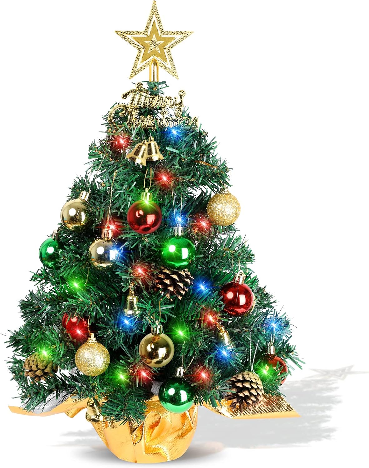 Barleyfield Small Christmas Tree with Lights, 22 in Mini Tabletop Tree Desk Decor, 1.4 pounds, Green