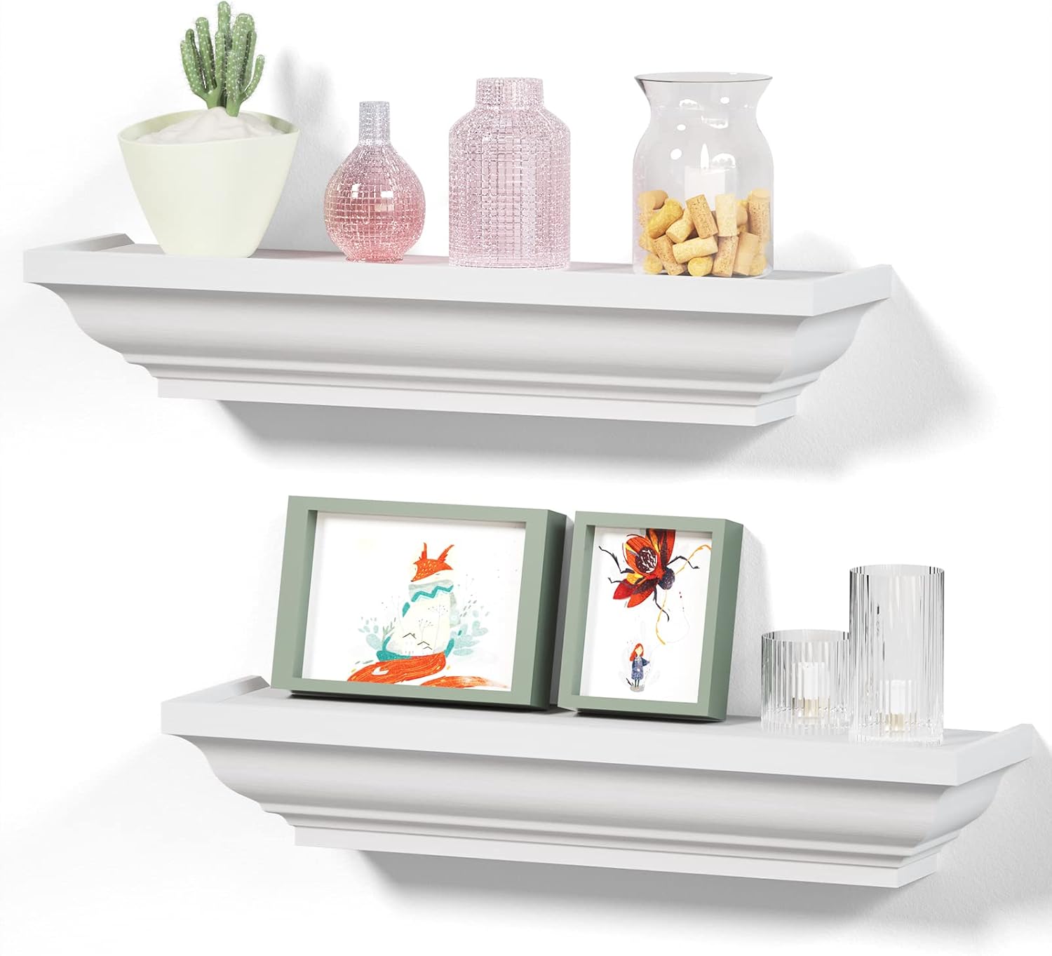 NestoraHome 17-Inch Crown Molding Solid Wood Floating Shelves 2-Pack, White, 3 Inch Height