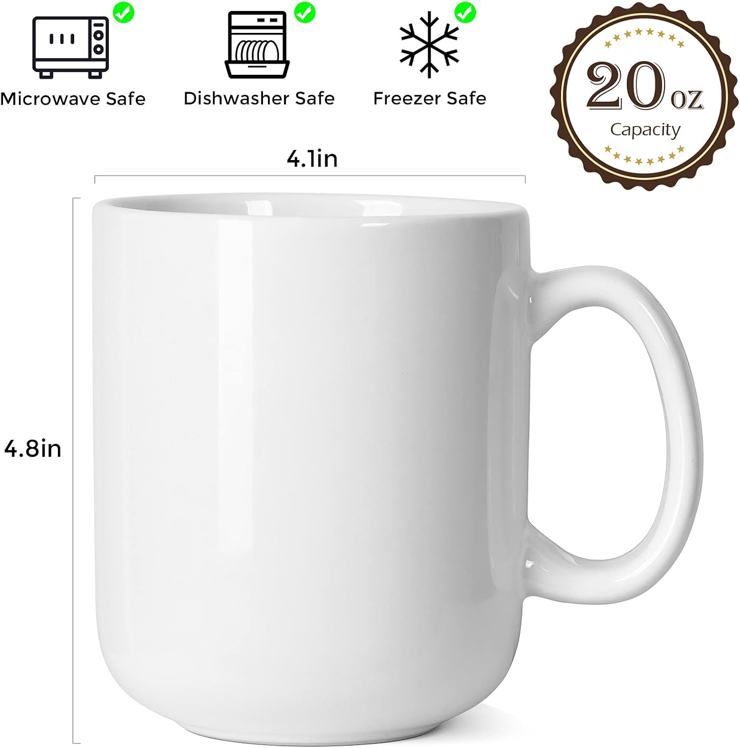 Ashenby 20 OZ Large Coffee Mug, M016 Ceramic Big Tea Cup with Handle for Dad Men, 566.99 g, White