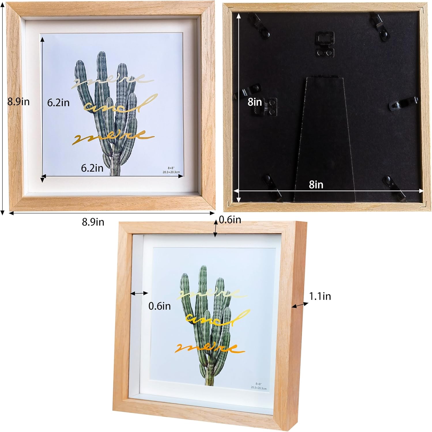 Ashenby 8x8 Shadow Box Frame, Natural Wood, 3 Pack for Wall or Tabletop, Teak