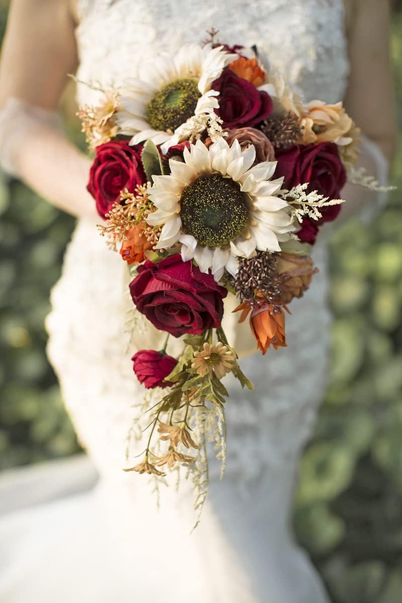 VelloHome 9 Inch Vintage Sunflower Wedding Bouquets for Bride Burgundy, 4.8 ounces, Bridal Bouquet