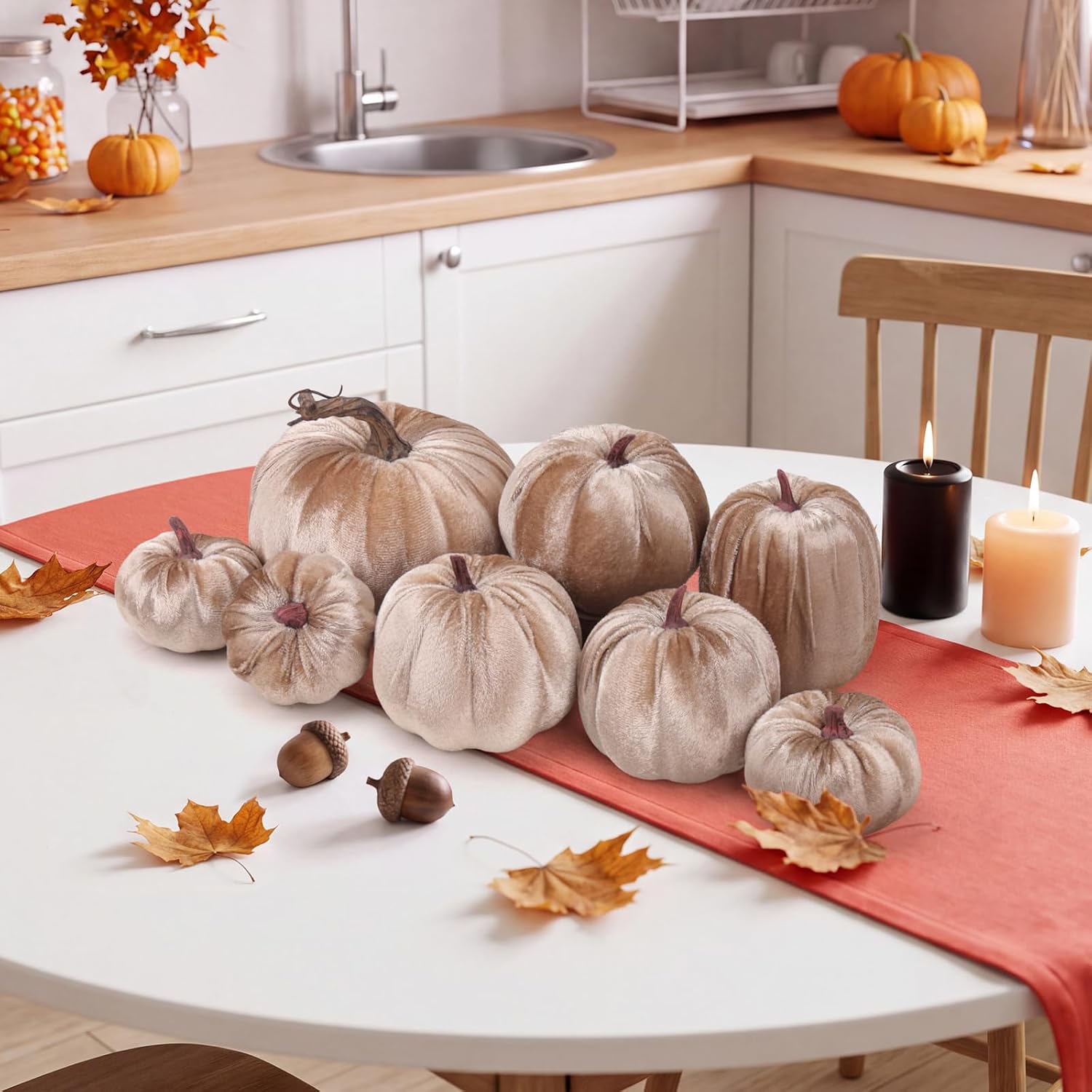 Aldernest 8 Pcs Fake Champagne Velvet Pumpkins Artificial Pumpkin Decor, 8.96 ounces