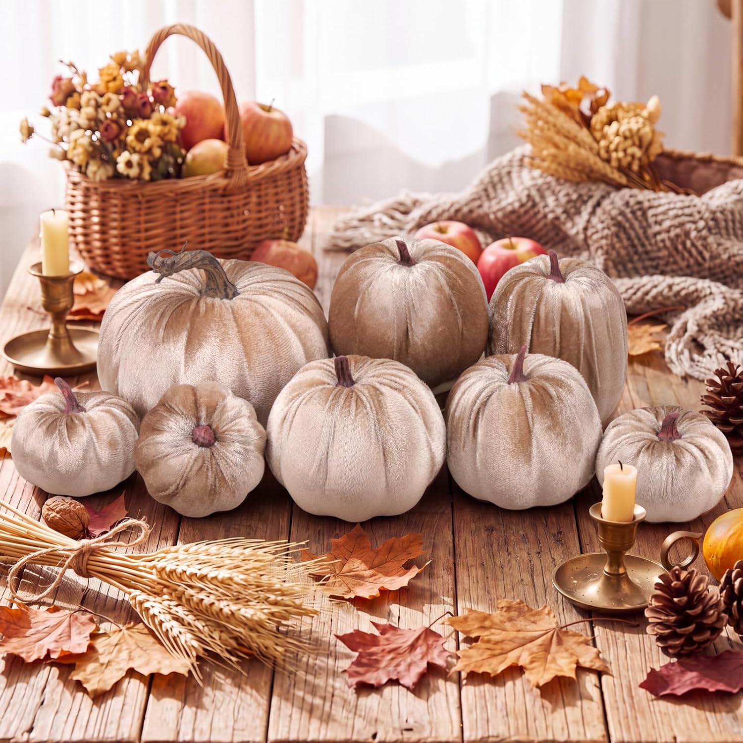 Aldernest 8 Pcs Fake Champagne Velvet Pumpkins Artificial Pumpkin Decor, 8.96 ounces
