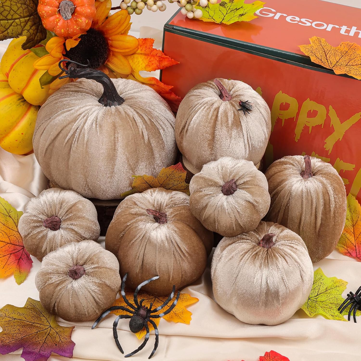 Aldernest 8 Pcs Fake Champagne Velvet Pumpkins Artificial Pumpkin Decor, 8.96 ounces