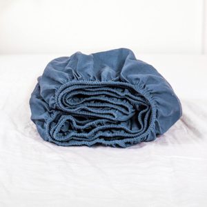 Aldernest Linen Fitted Sheet - 14 Inch Deep Pocket Mattress Cover Natural Flax Cotton Blended Soft Breathable Bedding - Classic Blue, Queen Size