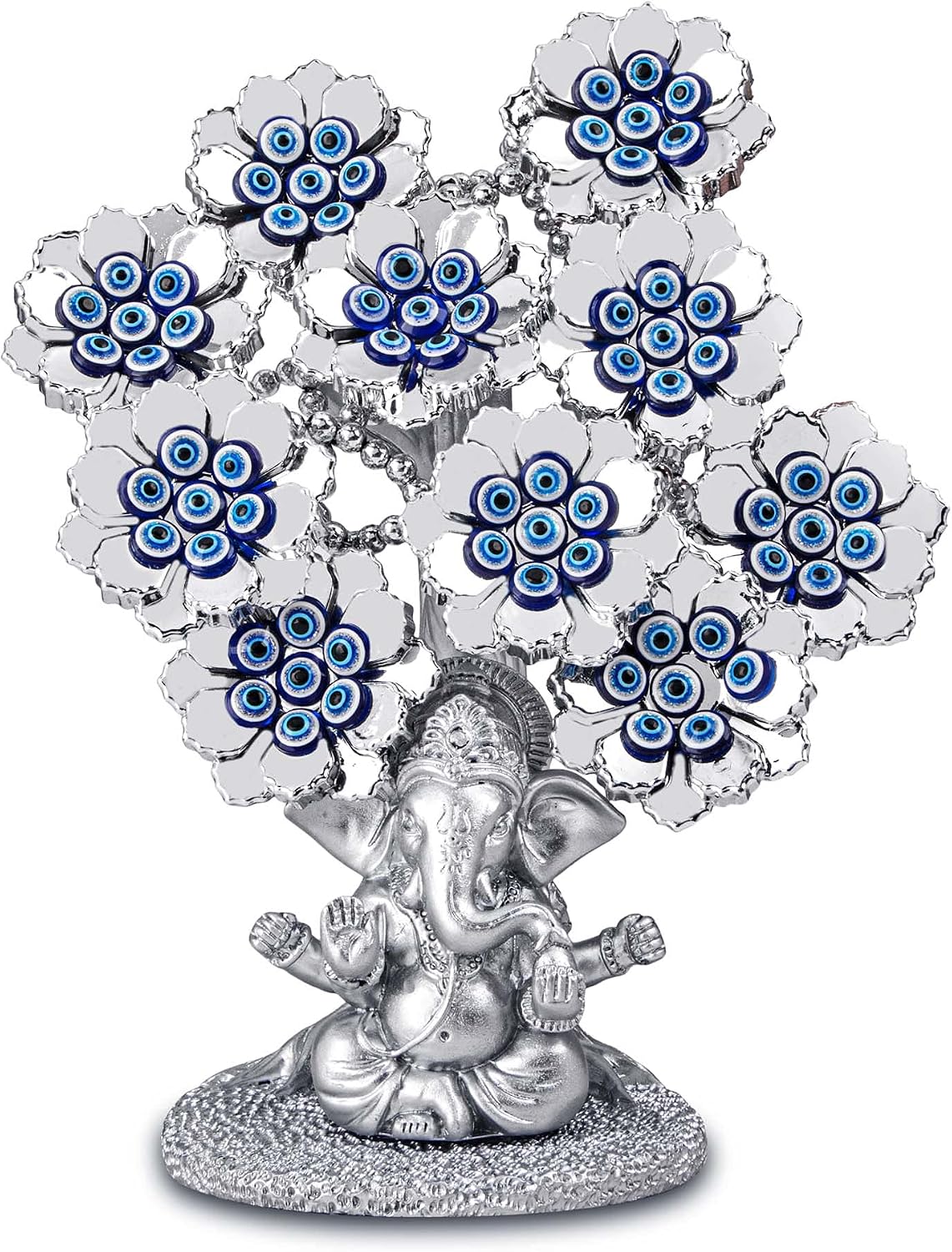 VelloHome 9.6inch Evil Eye Flowers Lucky Tree with Silver Ganesha Statue