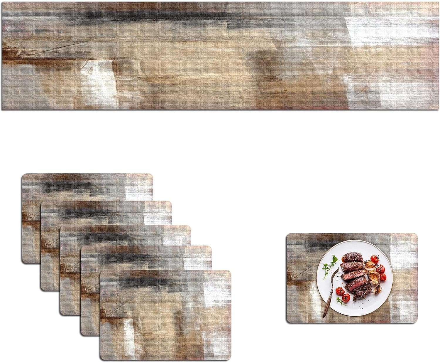 Aldernest Brown Table Runner and Placemats Set of 6 Pieces, Beige Placemats Modern Art, 1 Table Runner(70"X13")+6 Placemat(18"X12")