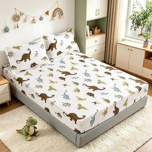 Aldernest Dinosaur Themed Full Size Bed Sheet Set, 3Pcs | Soft Microfiber, 0.53 kg, White-dinosaur