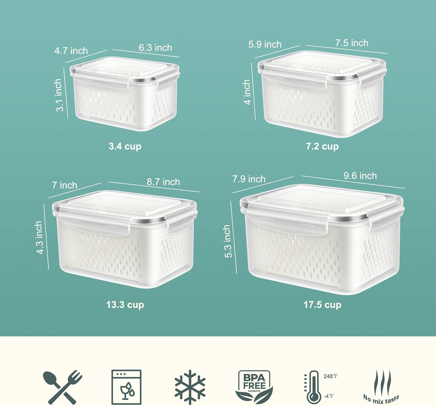 Aldernest 8 Pieces Fruit Storage Container for Fridge with Removable Colander, Large, 4 Count