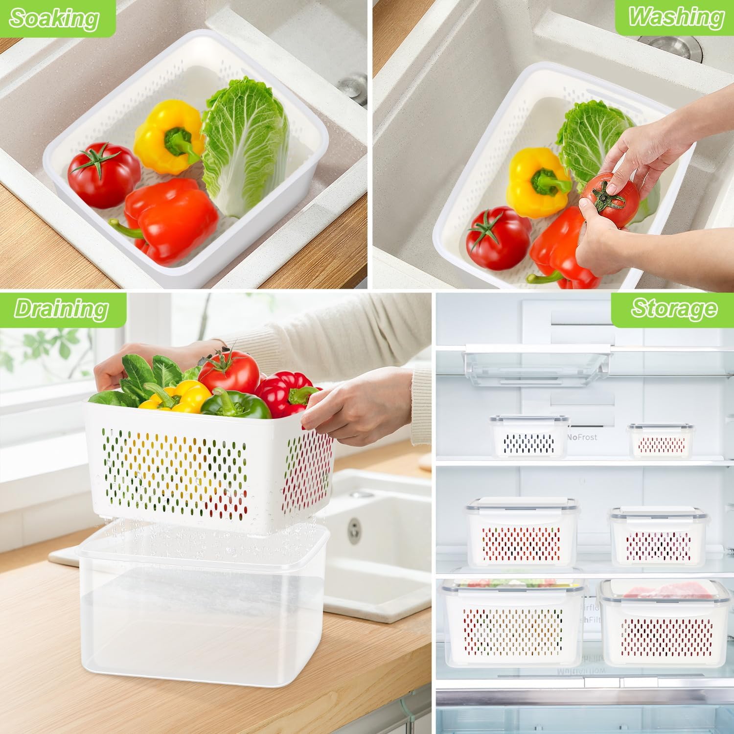 Aldernest 8 Pieces Fruit Storage Container for Fridge with Removable Colander, Large, 4 Count