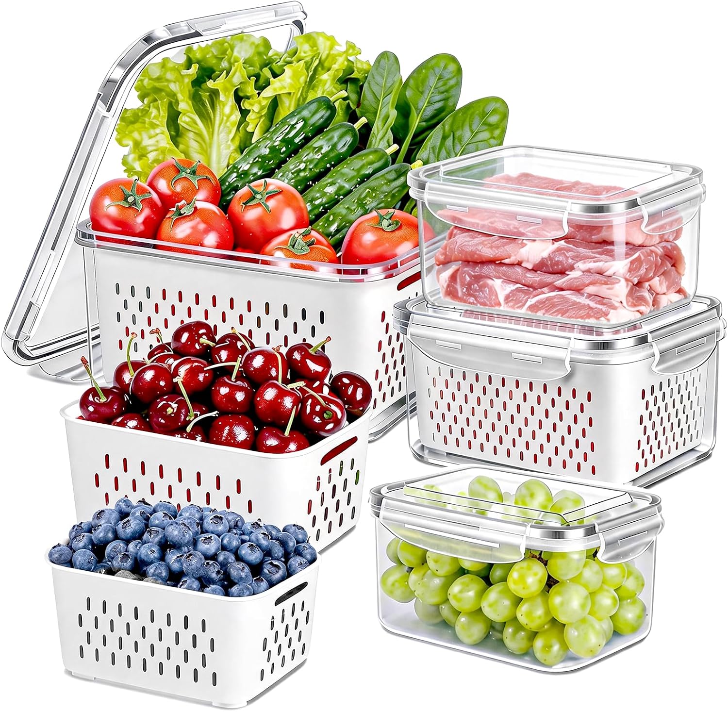 Aldernest 8 Pieces Fruit Storage Container for Fridge with Removable Colander, Large, 4 Count