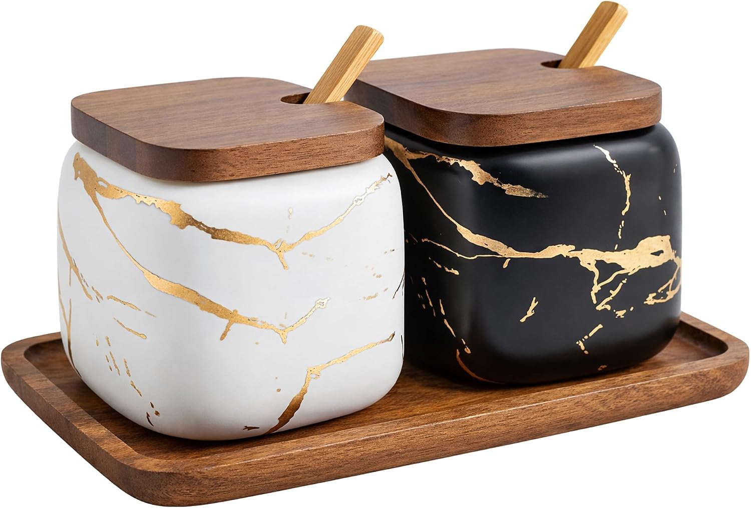 Ashenby 2 Sets of Marble Ceramic Sugar Bowl Ceramic Seasoning Jars with Wooden Lid and Wooden Spoon, Black and White