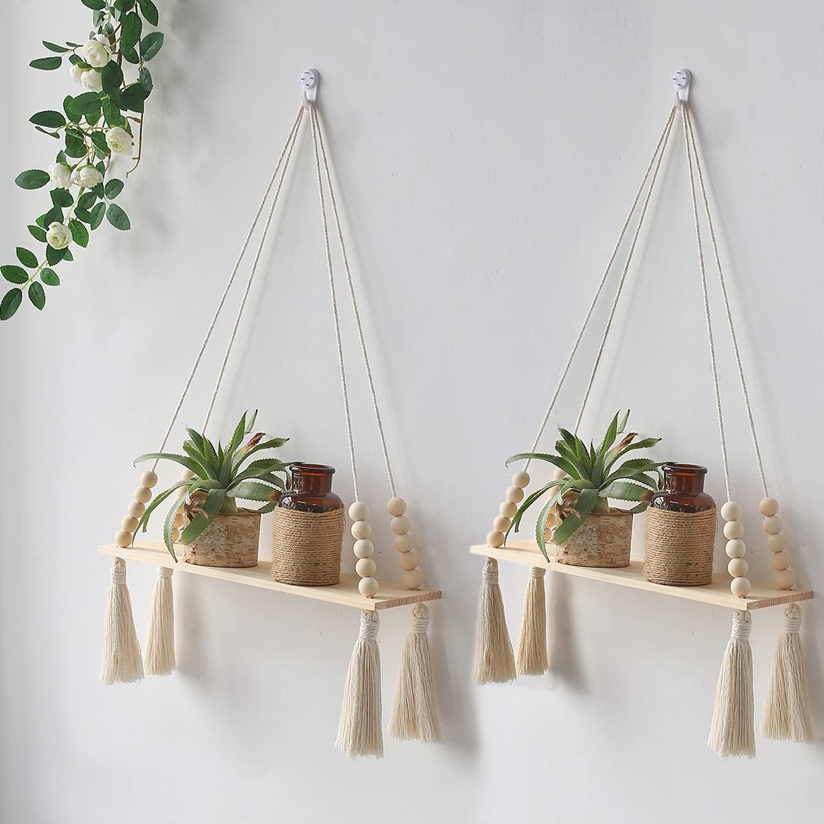 Tanglewick Boho Wall Hanging Shelf, Macrame Wooden Storage Wall Decor, 14.4 ounces, 13.77W,21.65L, Beige Tassel