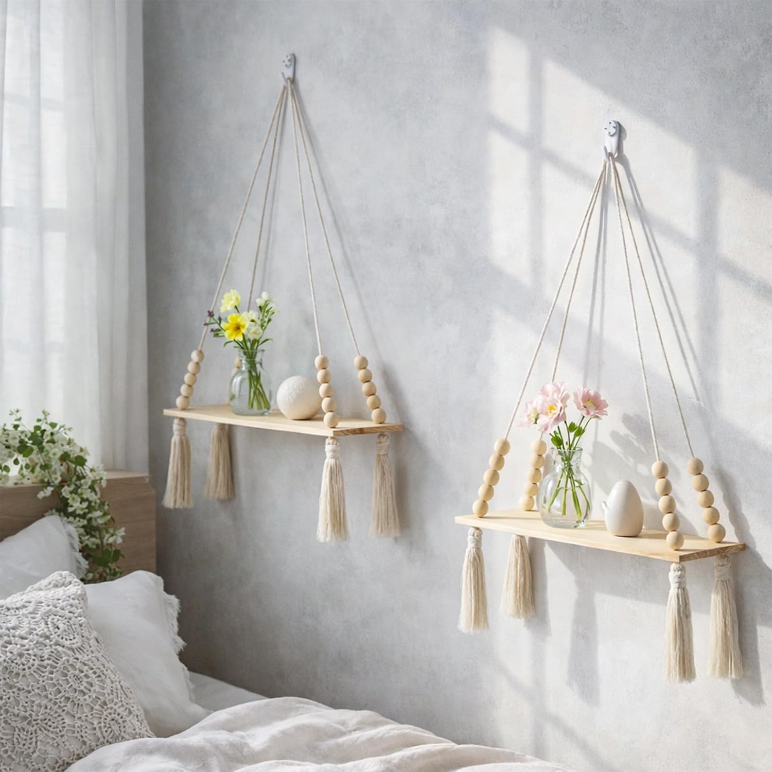 Tanglewick Boho Wall Hanging Shelf, Macrame Wooden Storage Wall Decor, 14.4 ounces, 13.77W,21.65L, Beige Tassel