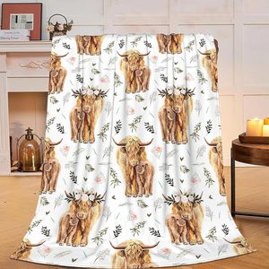 Aldernest Highland Cow Print Blanket and Throws Cute Farm Animal Cow Gifts Throw Blankets Soft Cozy Fleece Plush Warm Flannel Bedding Blanket for
