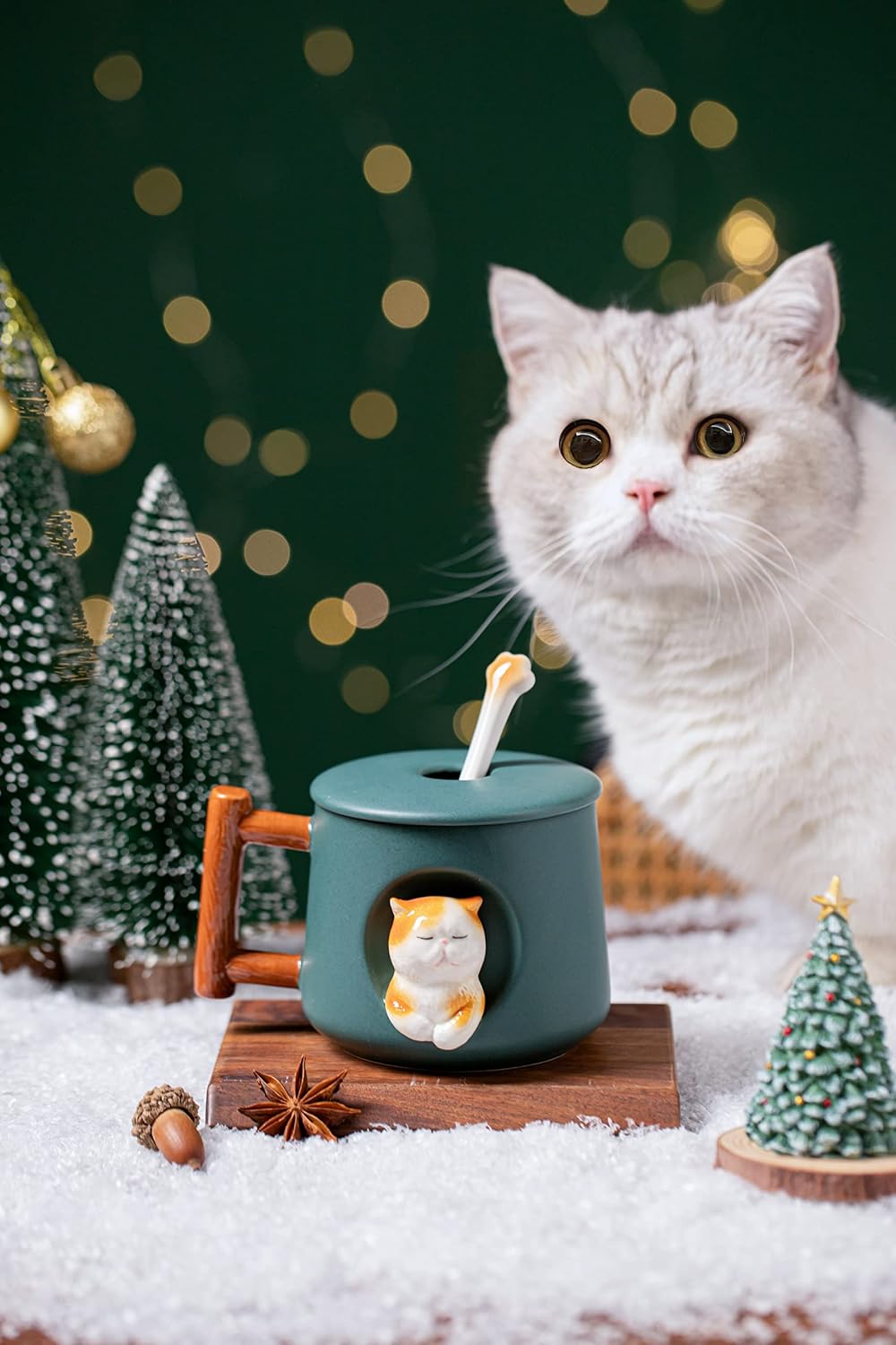 Aldernest Adorable 3D Ceramic Cat Mug with Lid and Spoon - Perfect for Coffee, Tea, Milk, 1.2 pounds, Green