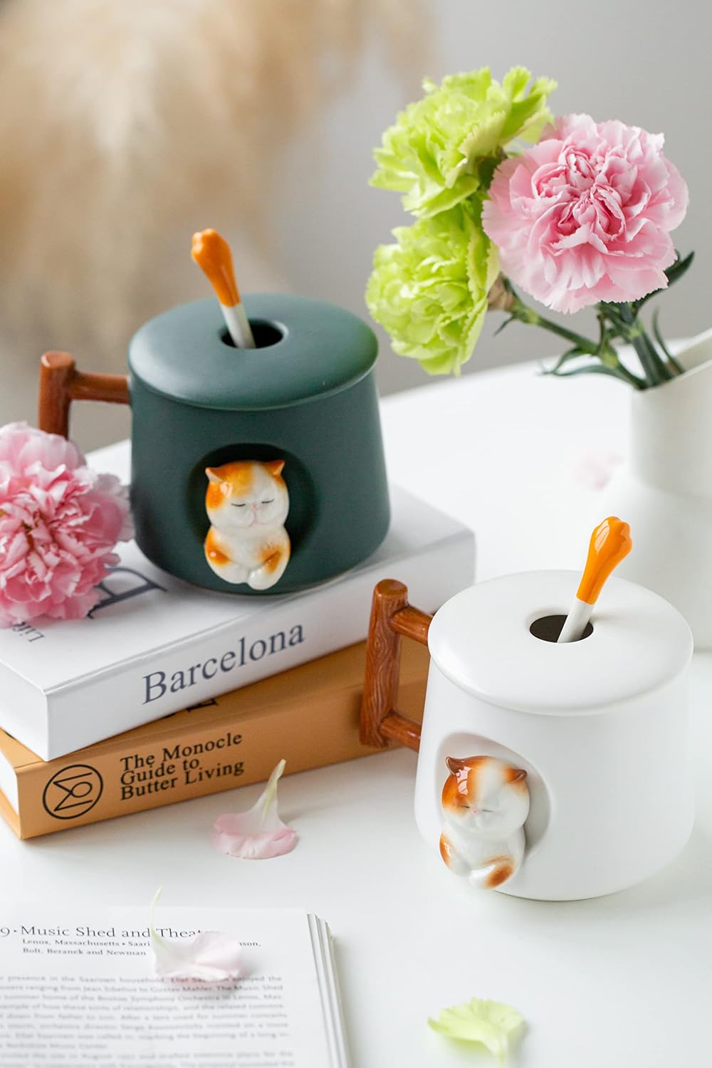 Aldernest Adorable 3D Ceramic Cat Mug with Lid and Spoon - Perfect for Coffee, Tea, Milk, 1.2 pounds, Green