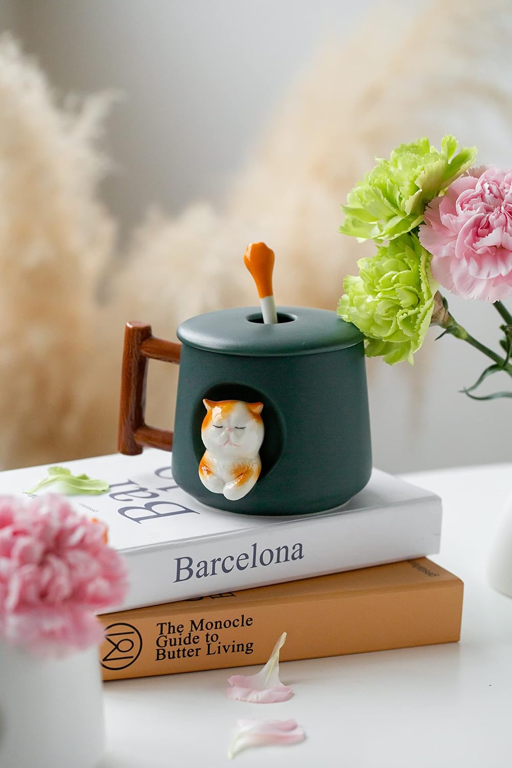 Aldernest Adorable 3D Ceramic Cat Mug with Lid and Spoon - Perfect for Coffee, Tea, Milk, 1.2 pounds, Green