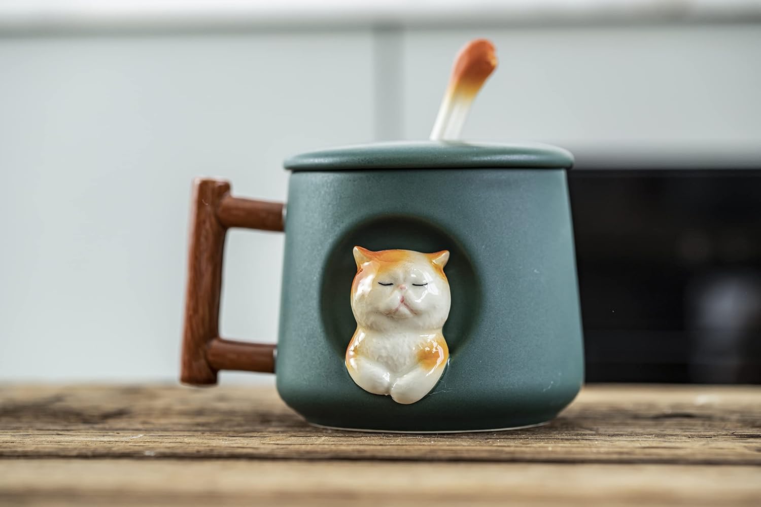 Aldernest Adorable 3D Ceramic Cat Mug with Lid and Spoon - Perfect for Coffee, Tea, Milk, 1.2 pounds, Green