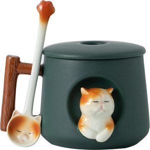 Aldernest Adorable 3D Ceramic Cat Mug with Lid and Spoon - Perfect for Coffee, Tea, Milk, 1.2 pounds, Green