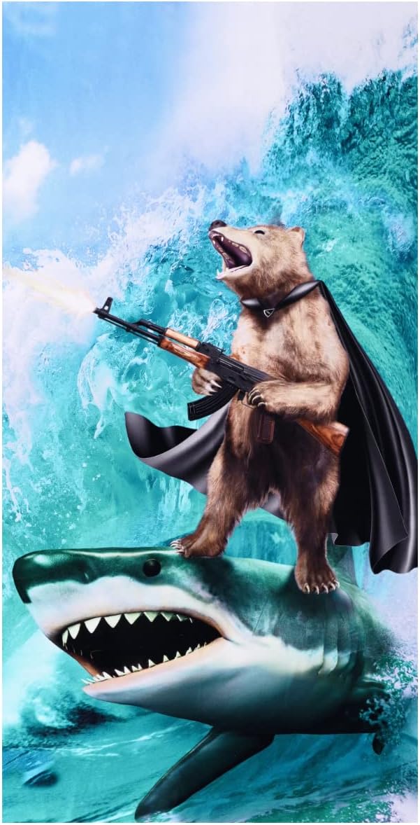 Aldernest Funny Shark Bear Beach Towel, 30" x 60" Oversized Microfiber, Soft, Quick Dry, 9.12 ounces, 60.00" x 30.00"