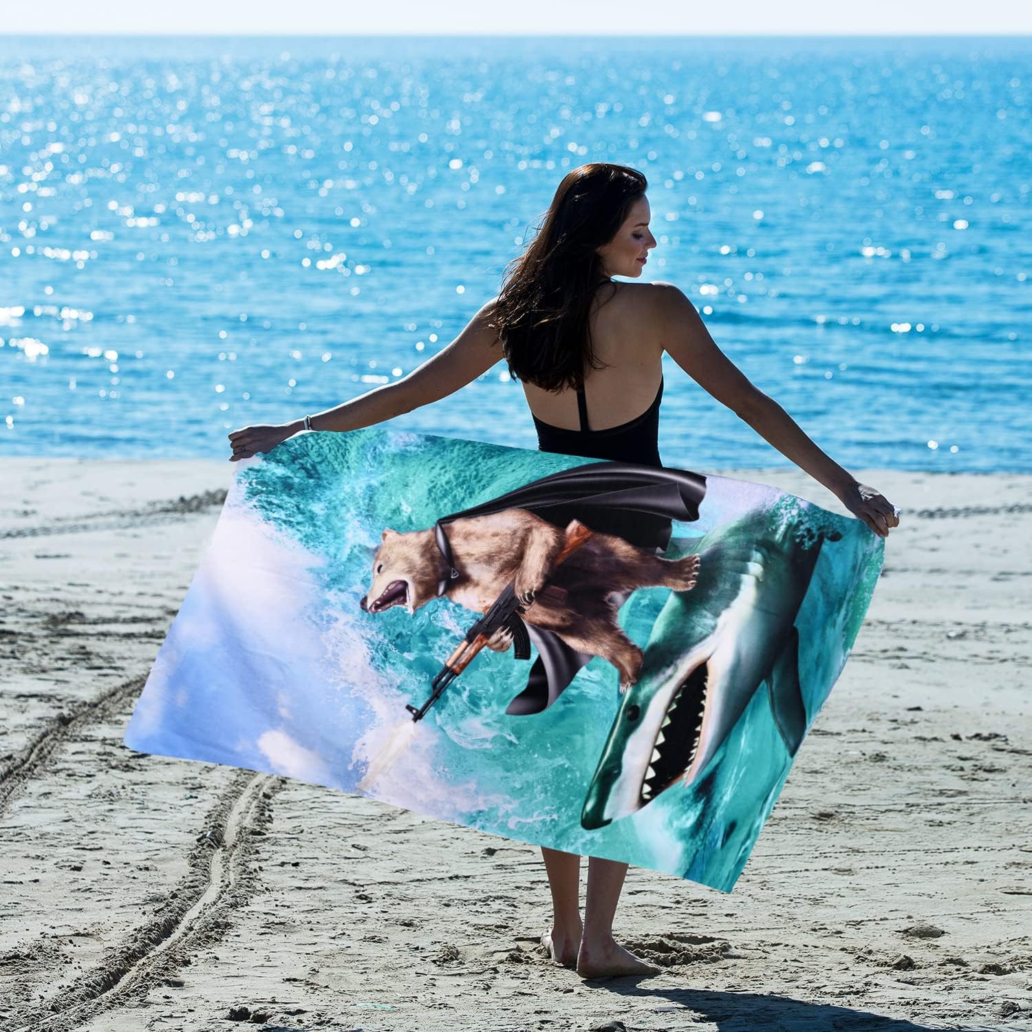 Aldernest Funny Shark Bear Beach Towel, 30" x 60" Oversized Microfiber, Soft, Quick Dry, 9.12 ounces, 60.00" x 30.00"