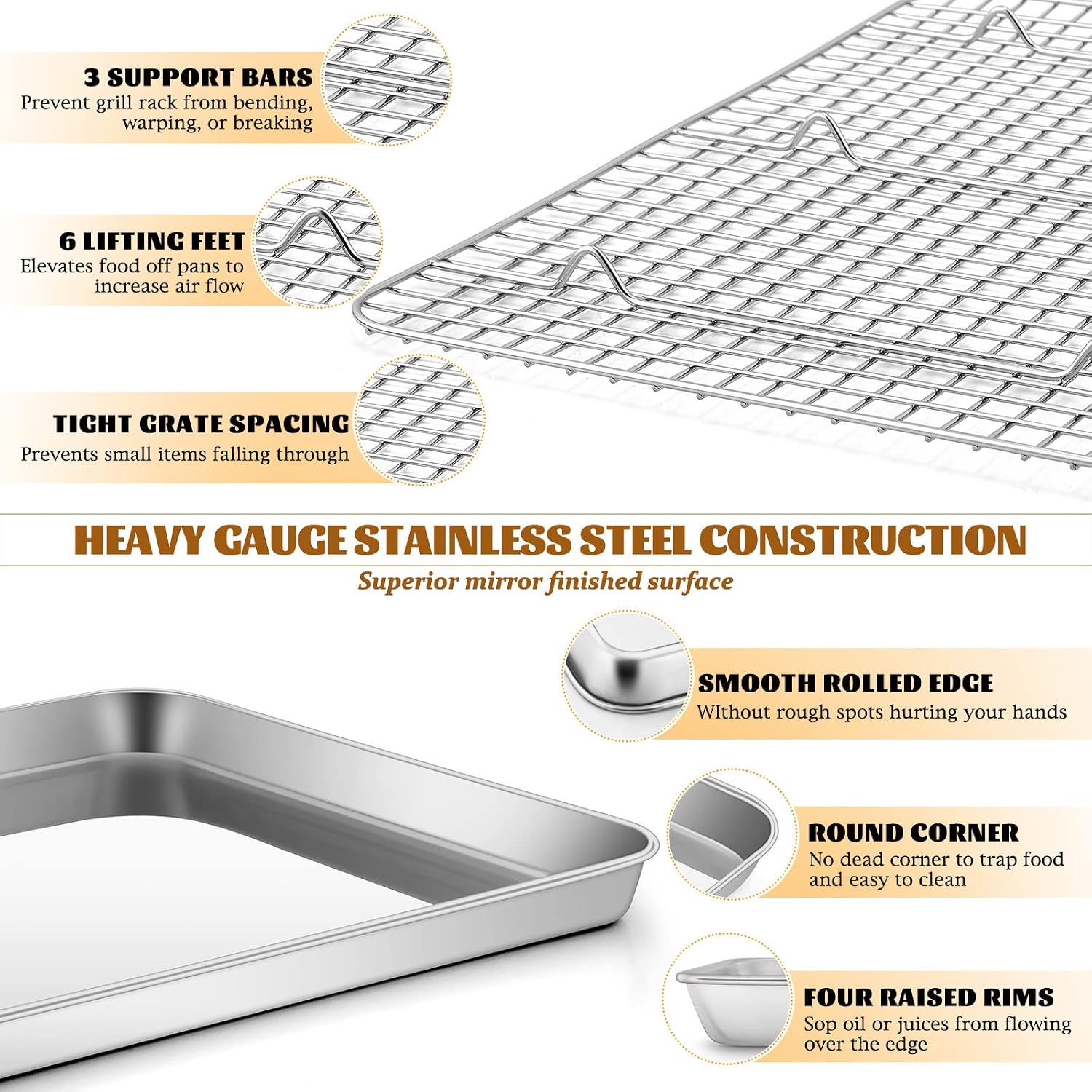 Barleyfield Stainless Steel Baking Sheet with Rack Set, 16”x12” Cookie Sheet Pan for Oven, 2.23 kg, Silver, 4 Count