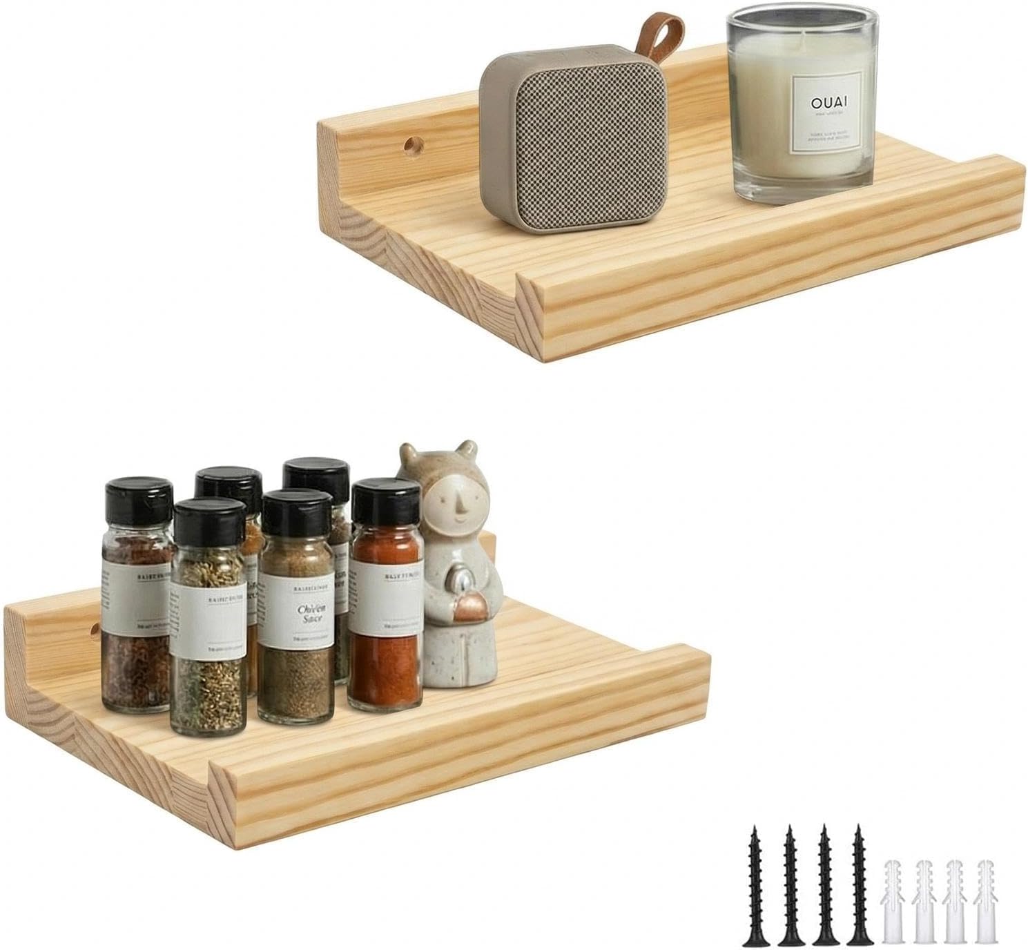 Quillstone Small Decor Shelves, Mini Floating Wooden Display Wall Shelf for Smart Speaker WiFi Collectables, 12.8 ounces, Natural