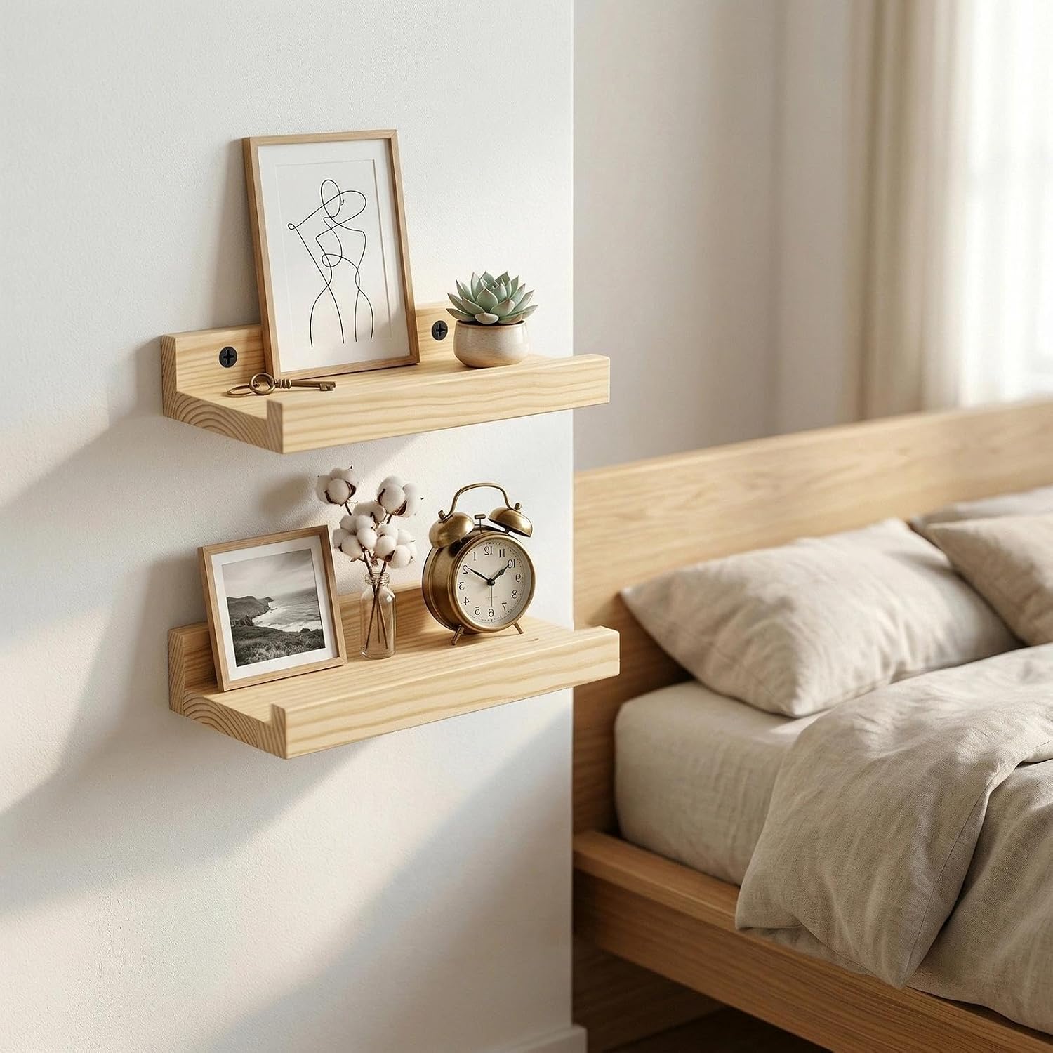 Quillstone Small Decor Shelves, Mini Floating Wooden Display Wall Shelf for Smart Speaker WiFi Collectables, 12.8 ounces, Natural