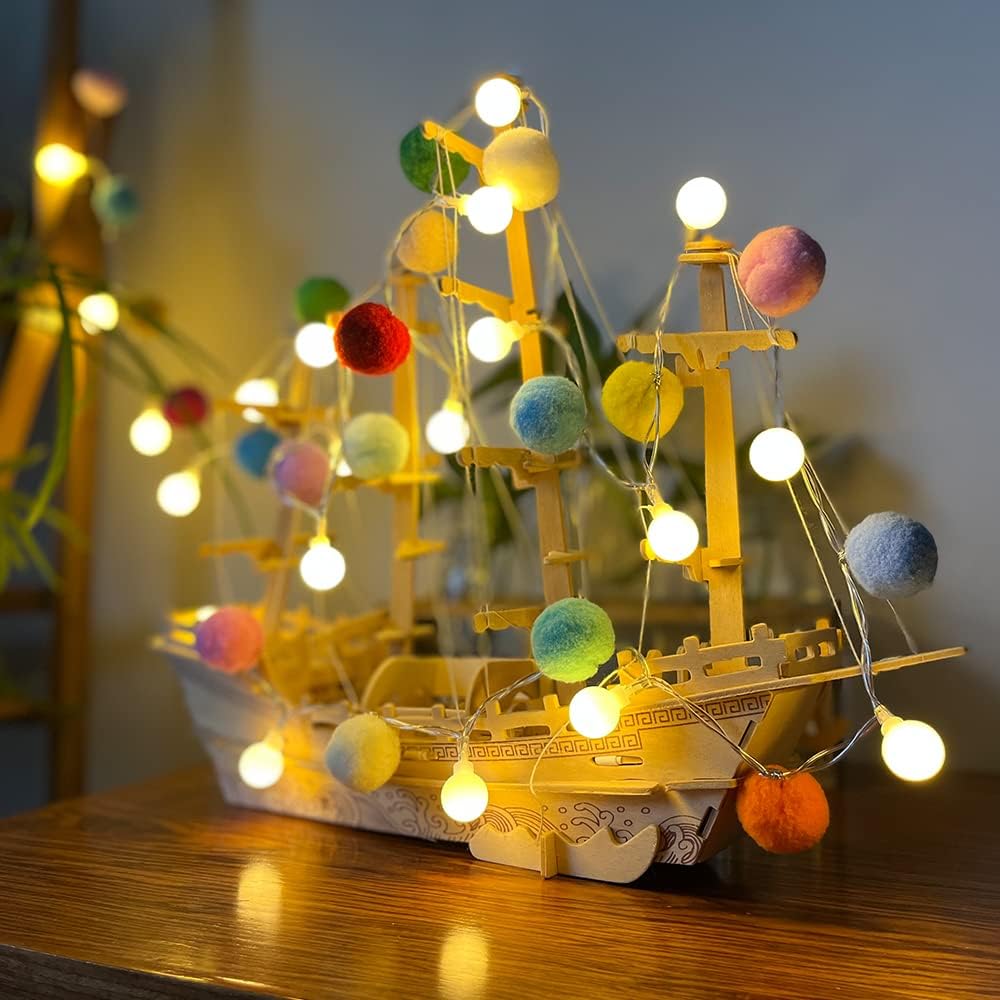 Aldernest Indoor Pom Poms Fairy Lights - 6.56 Feet, 20 LED, Battery Operated, 2.56 ounces