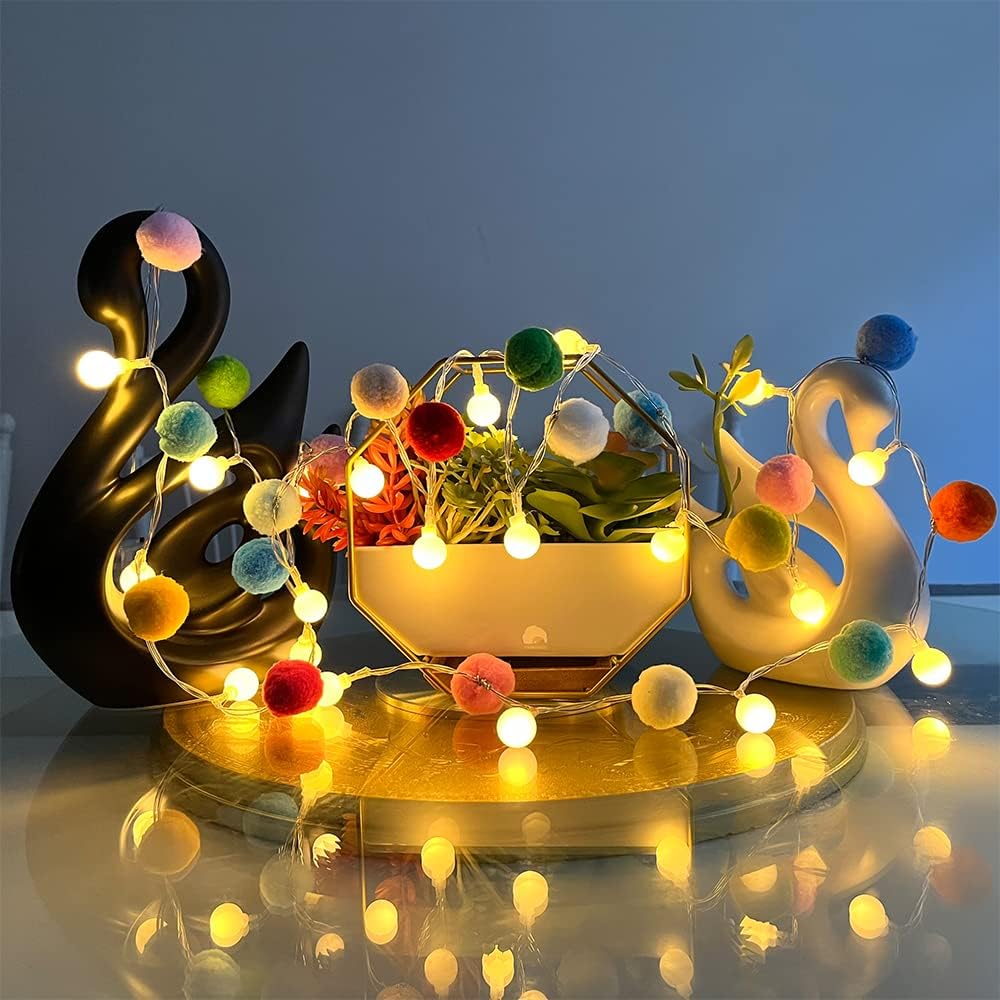 Aldernest Indoor Pom Poms Fairy Lights - 6.56 Feet, 20 LED, Battery Operated, 2.56 ounces