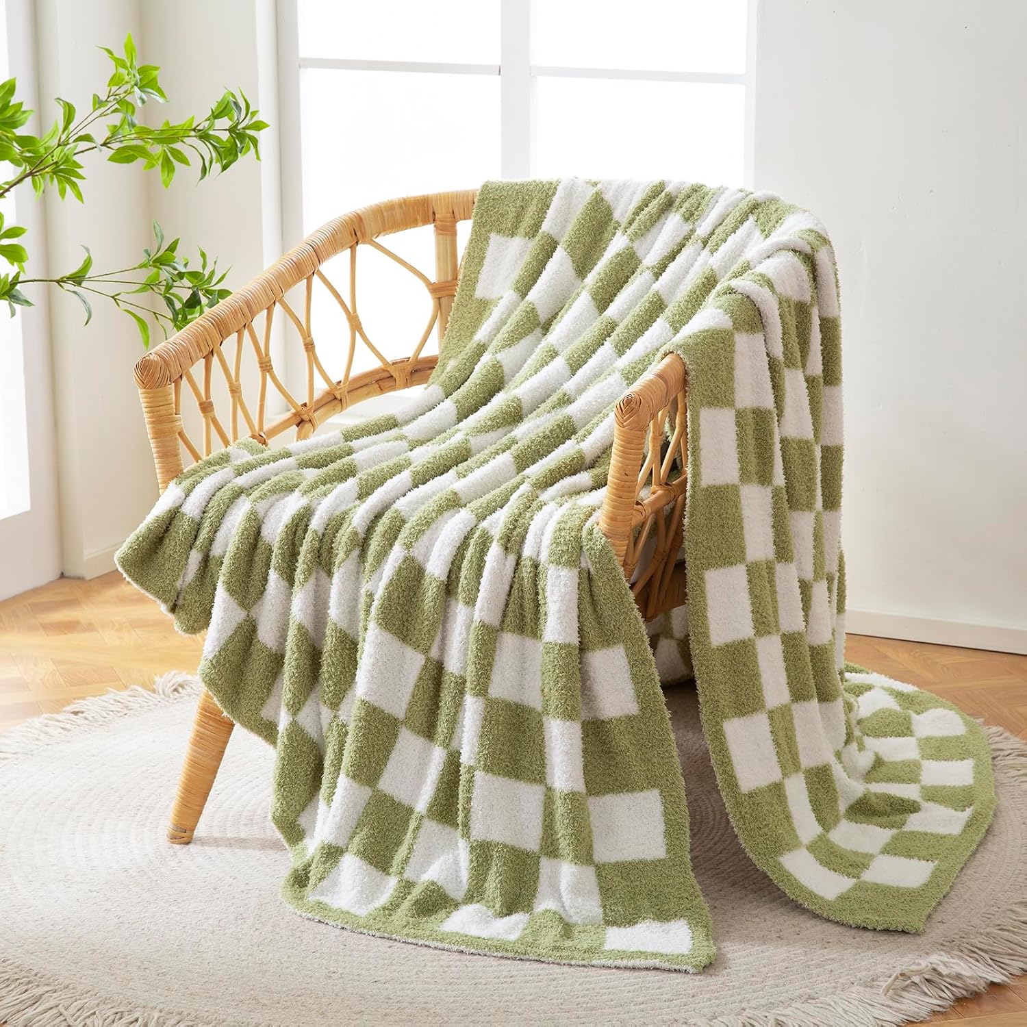Ashenby Checkered Knit Throw Blanket 50x60, Sage Green