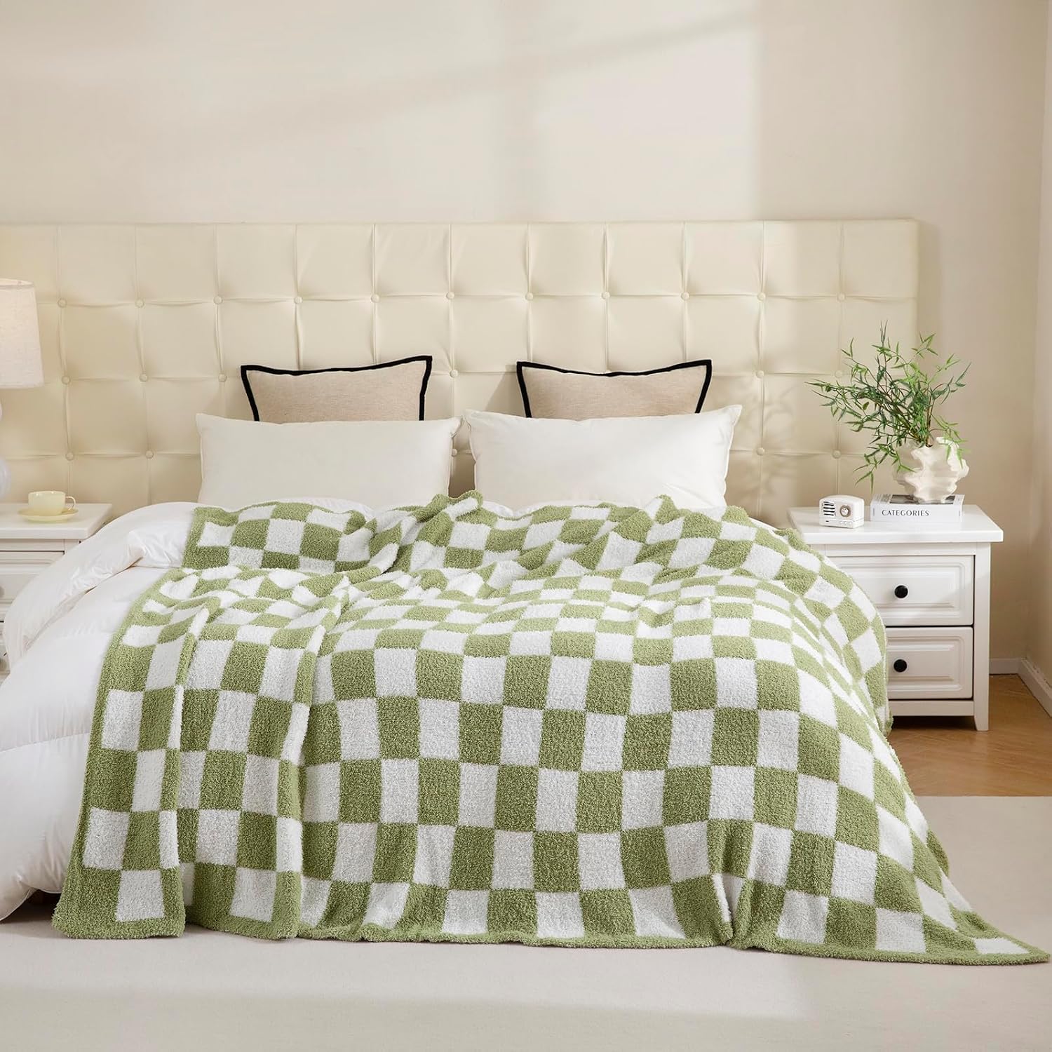 Ashenby Checkered Knit Throw Blanket 50x60, Sage Green
