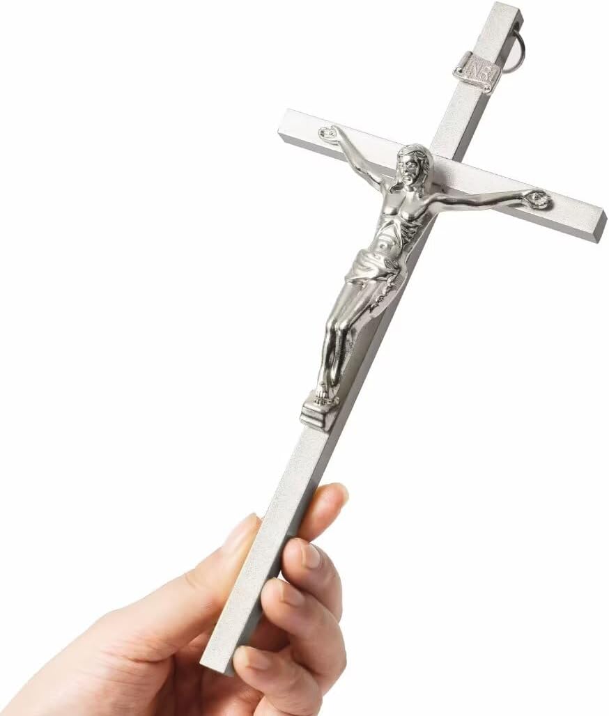 Aldernest Crucifix Wall Cross- Silver Metal Slender Catholic Crosses, 0.18 kg, 8"L x 3"W