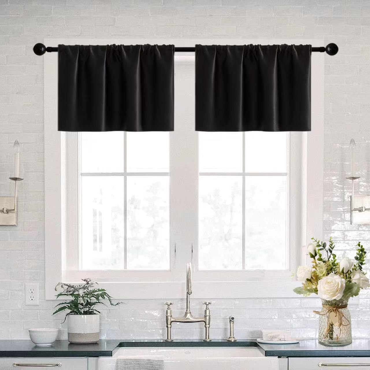 Aldernest Basement Window Curtains 16 Inch Length, 0.14 kg, 30"W x 16"L (Pack of 2), Black