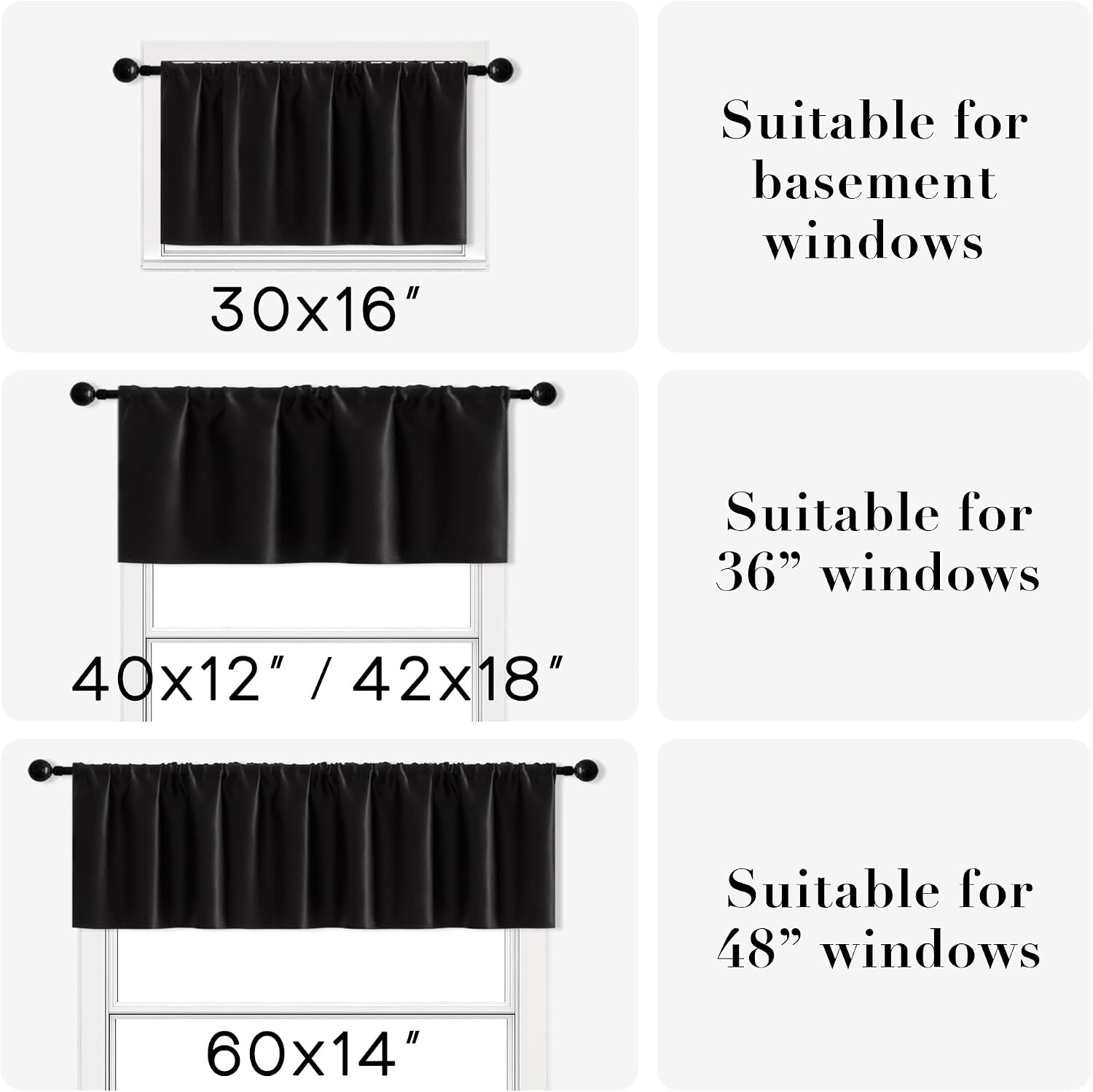 Aldernest Basement Window Curtains 16 Inch Length, 0.14 kg, 30"W x 16"L (Pack of 2), Black