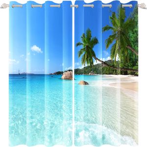Rowanmere Seaside Window Curtains Sunny Beach Ocean Waves Coconut Palm Window Treatments Blue Sky Seawater Blackout Drapes for Man Woman Bedroom