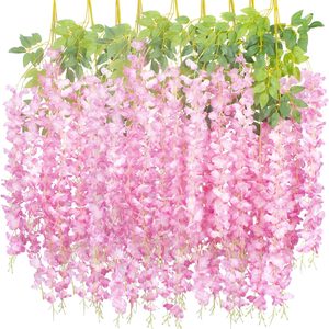 Ashenby 12 Pack Artificial Flowers Silk Wisteria Vine Ratta Hanging Flower, 1.6 ounces, Pink