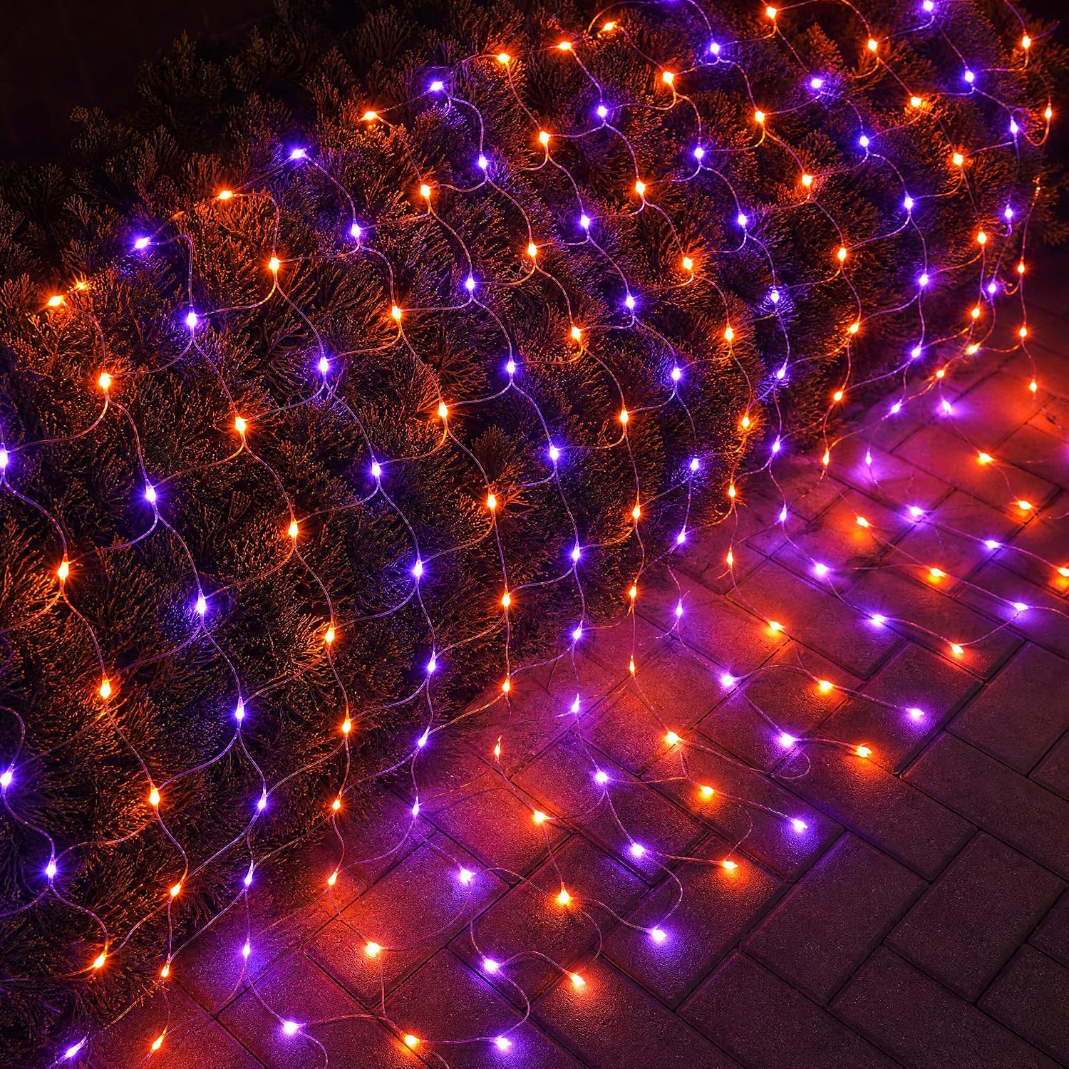 Oakmere Halloween 360 LED Net Lights, 12FT x 5FT Connectable Waterproof String Lights Clear Wire with 8 Modes, Purple & Orange