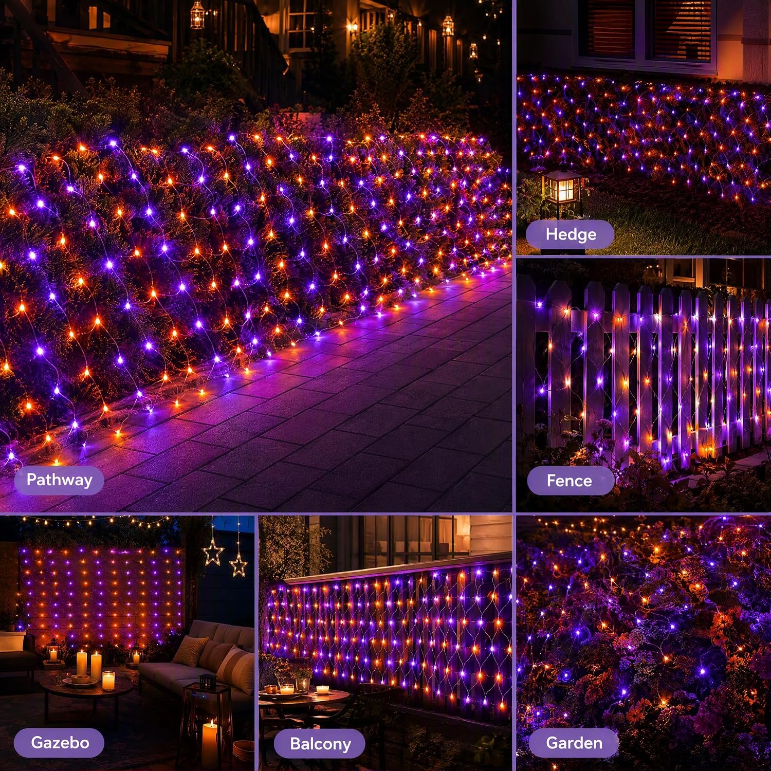 Oakmere Halloween 360 LED Net Lights, 12FT x 5FT Connectable Waterproof String Lights Clear Wire with 8 Modes, Purple & Orange