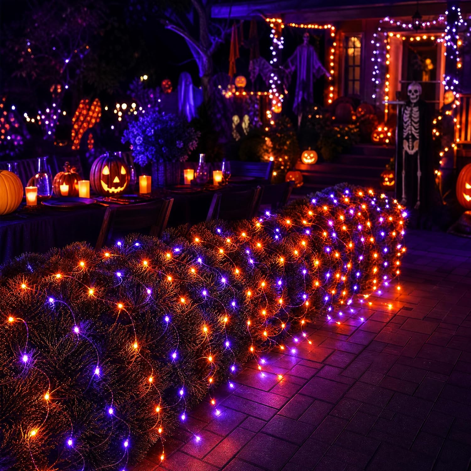 Oakmere Halloween 360 LED Net Lights, 12FT x 5FT Connectable Waterproof String Lights Clear Wire with 8 Modes, Purple & Orange