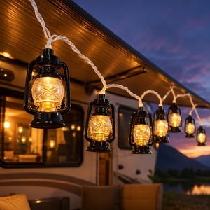 VelloHome Kerosene Lantern String Lights, 8.5FT Vintage Camping Lights with 10 Black LED Oil Lamps, Black Oil Lights