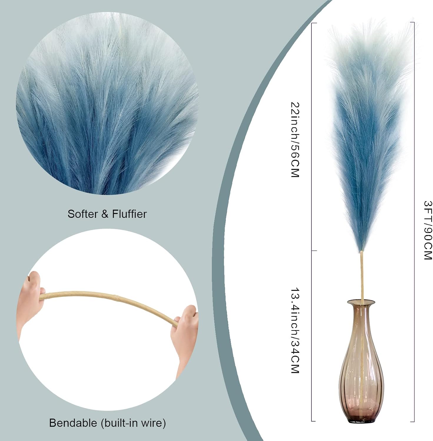 Aldernest 8Pcs 3FT Blue Colorful Faux Pampas Grass, Artificial Bulrush, 0.37 kg